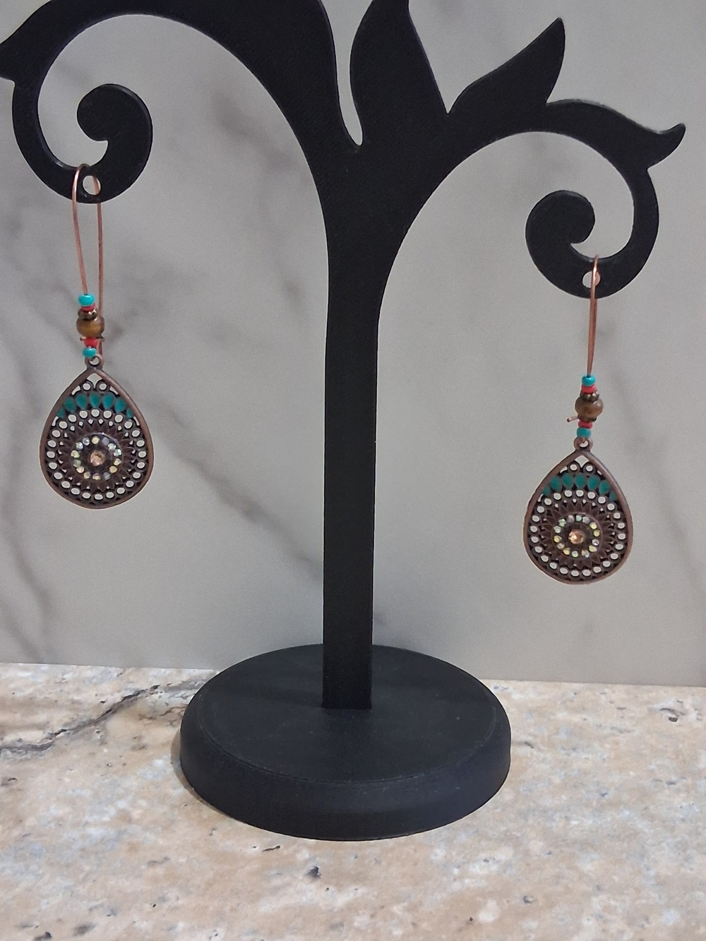 Handcrafted Teardrop Blue Accent Copper Earrings